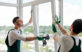Two window replacement contractors working together to install a new window pane in a home at Gilkey Windows & Exterior Solutions near Lexington, KY