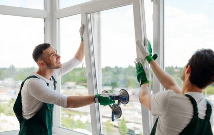 Two window replacement contractors working together to install a new window pane in a home at Gilkey Windows & Exterior Solutions near Lexington, KY