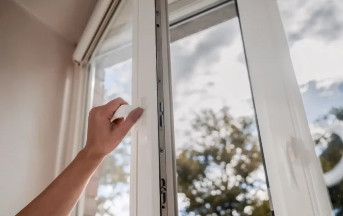 Image of someone using their arm to open a window with a white vinyl window frame